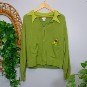 Kermit the Frog Knit Cardigan Green Novelty Muppets Patch Pocket Hot Topic
